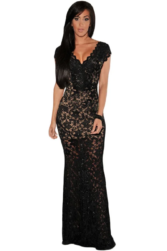 Black Lace Nude Illusion Low Back Evening Dress Classic Lace Dress