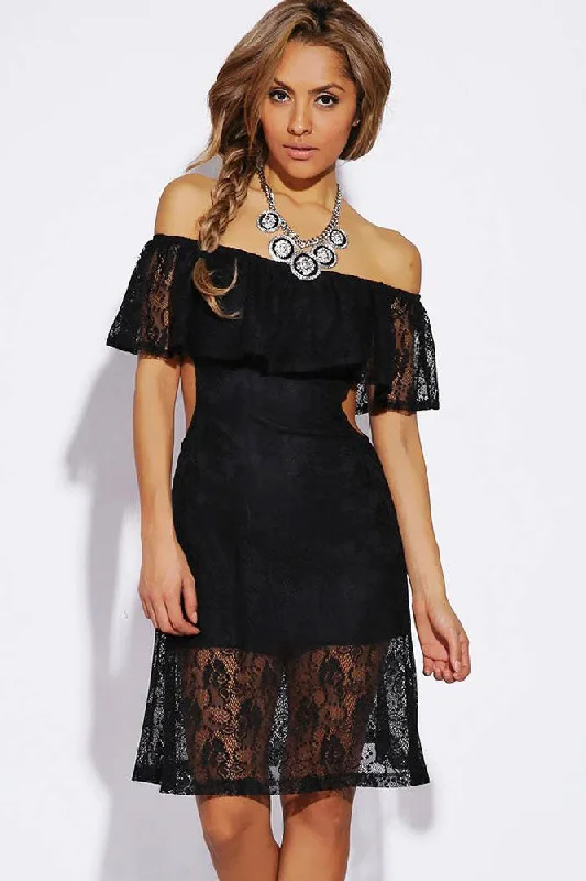 Black Lace Ruffled off Shoulder Cut out Vintage Dress Lace Overlay Dress