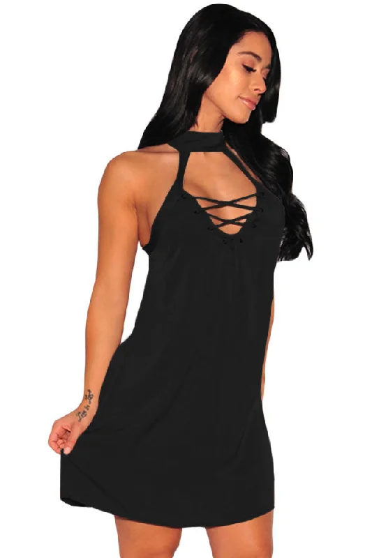 Black Lace up Choker Silky Dress Elegant Lace Design