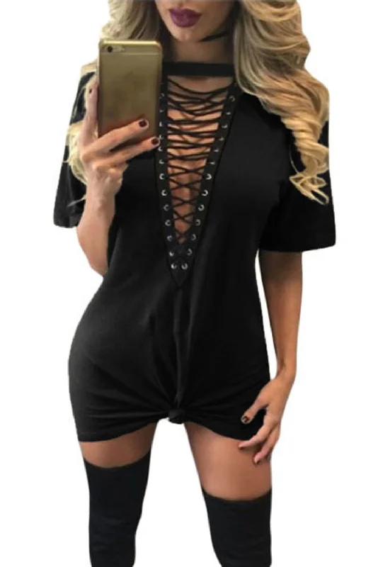 Black Lace Up Half Sleeves Tee Dress Full Lace Dress