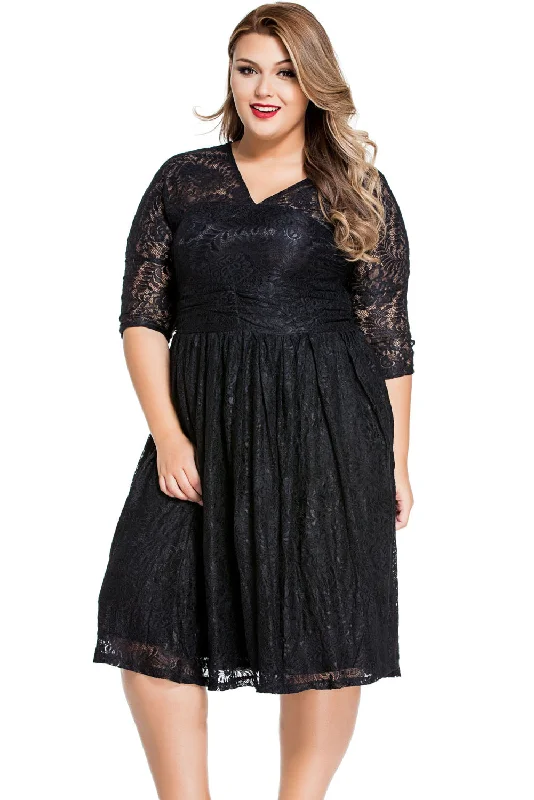 Black Lace V Neck Curvy Skater Dress Lace High Neck Dress