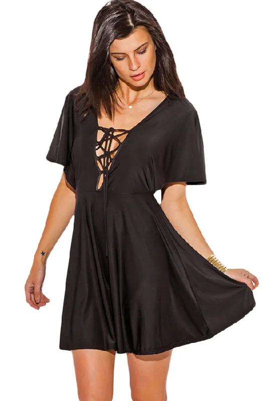 Black Laceup Deep V Neck Kimono Sleeve A Line Dress Lace Dress Lookbook