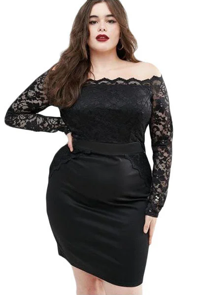 Black Off Shoulder Plus Lace Dress Lace Fit-and-Flare