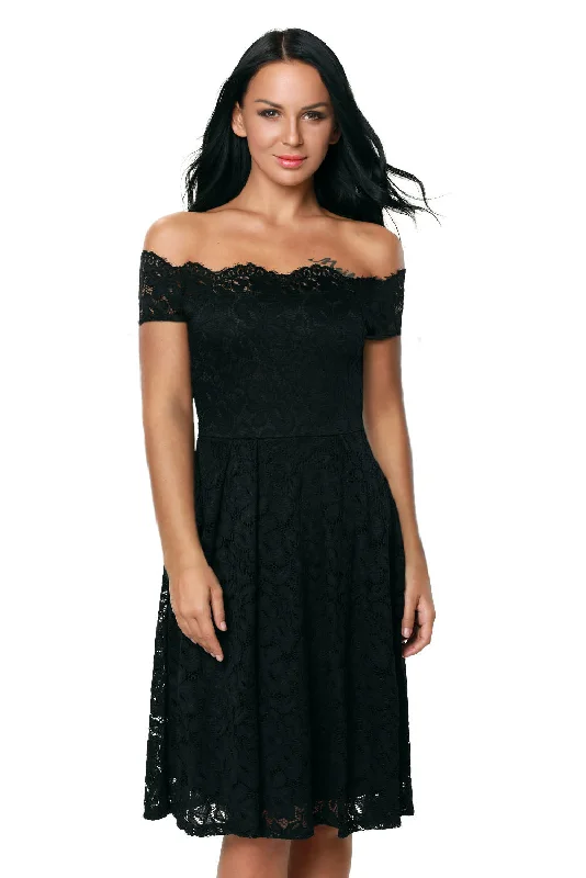 Black Scalloped Off Shoulder Flared Lace Dress Modern Lace Dress