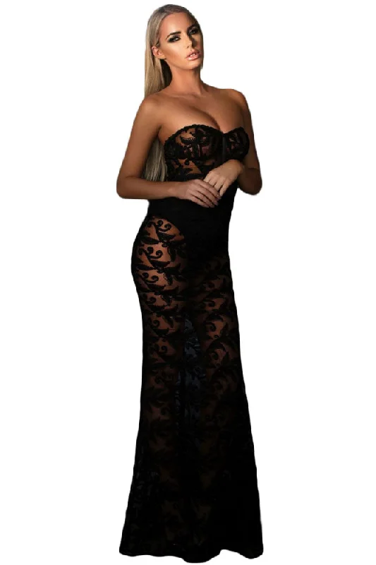 Black Strapless Sheer Lace Romper Dress Elegant Lace Gown