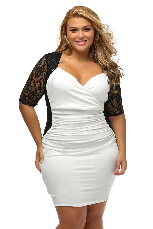 Black White Ruched Lace Illusion Plus Dress Sleeveless Lace Dress