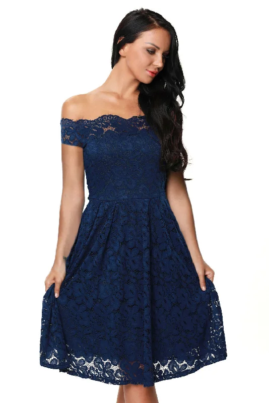 Blue Scalloped Off Shoulder Flared Lace Dress Lace Maxi Dress