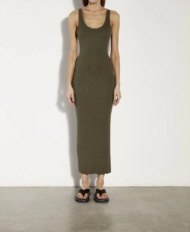 Stretch Silk Knit Maxi Tank Dress In Dark Olive Satin Maxi Skirt