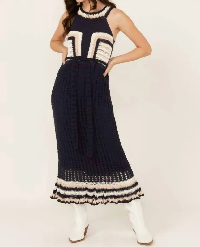 Drew Hand Crochet Midi Dress In Navy Elegant Midi Dress