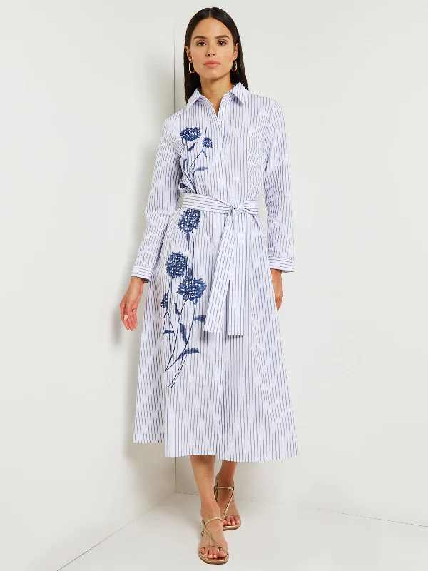 Midi A-Line Shirtdress - Embroidered Cotton Blend Cozy Midi Dress