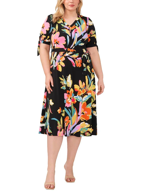 Plus Womens Floral Print Polyester Midi Dress Casual Midi Outfit