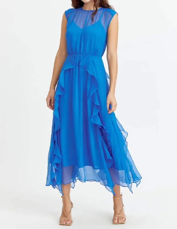 Rosalie Cascading Ruffled Midi Dress In Sea Blue Elegant Midi Skirt