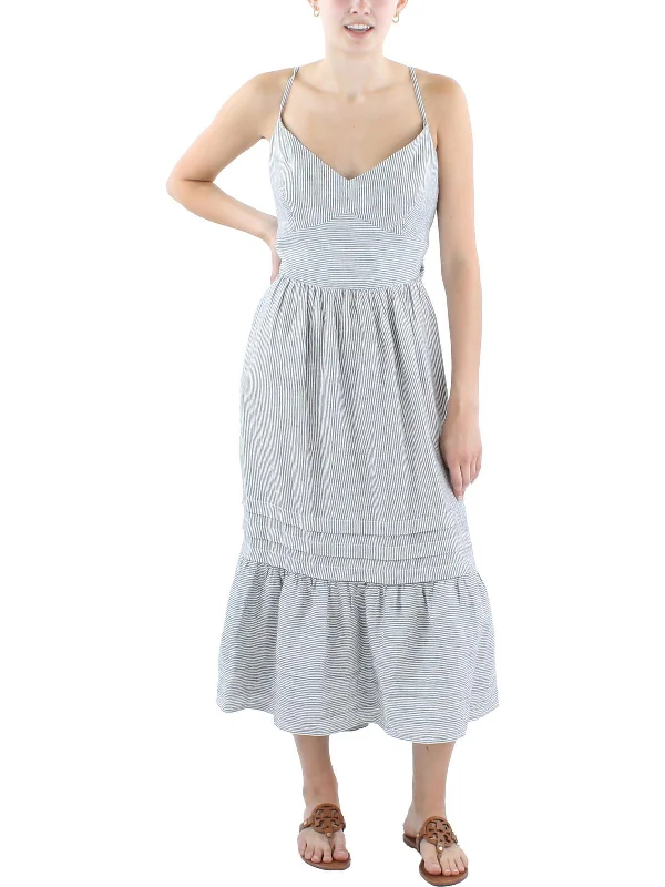 Womens Striped Linen Midi Dress Tulle A-line Skirt