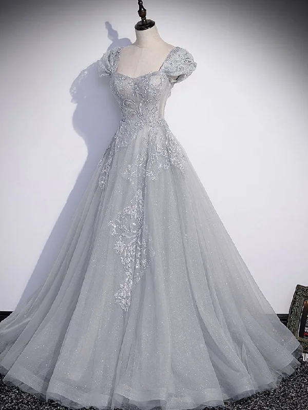 A-Line Gray Tulle Sequin Long Prom Dress, Gray Formal Evening Dress Y4733 Sequin Dress Casual