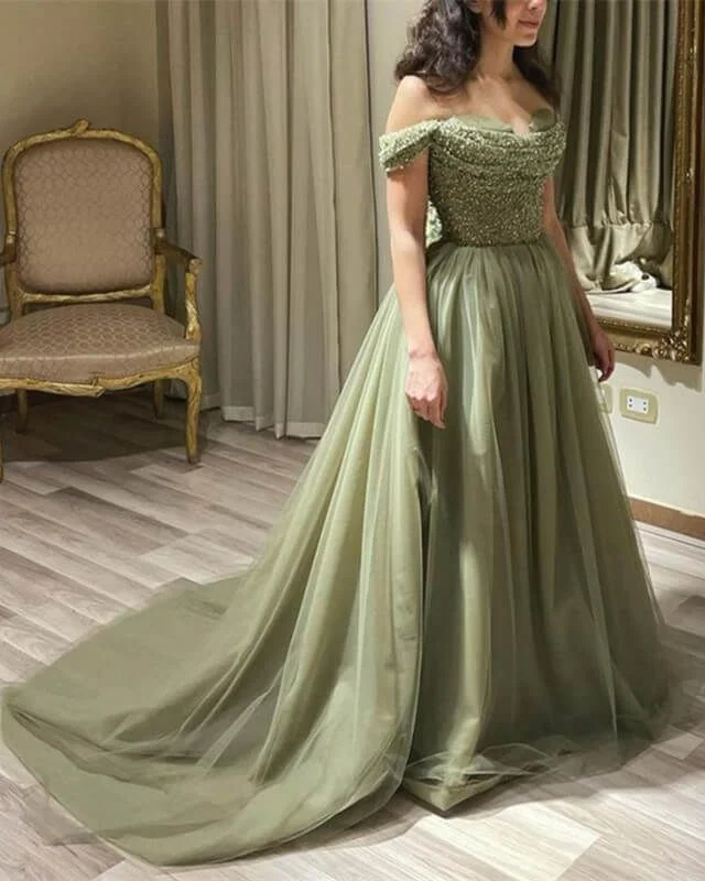 Beautiful Long Green A-line Off-the-shoulder Sequined Beading Prom Dress Y5841 Sequin Backless Dress