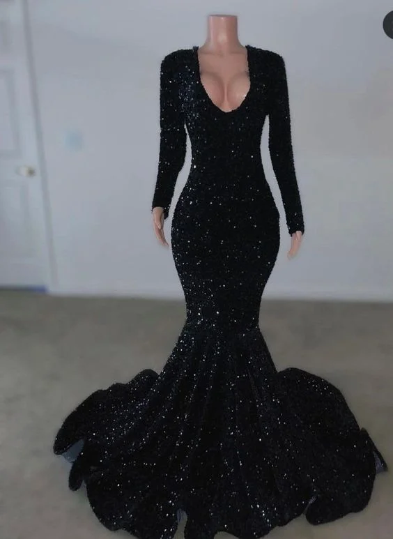 Black Sequins Long Sleeves Mermaid Evening Dress,Black Reception Dress Y5987 Sequin Dress Style