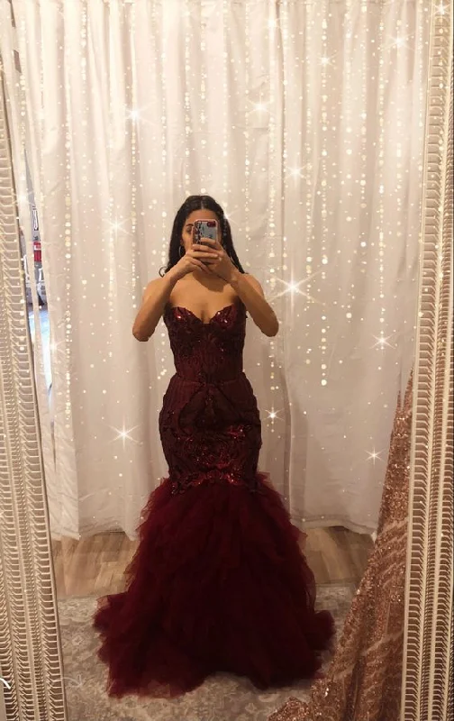 Burgundy tulle sequins long mermaid prom dress evening dress Y6351 Elegant Sequin Dress