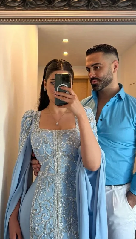 Elegant Blue Beaded Sequins Luxury Evening Dresses Satin Trim with Shawl Arabian Dubai Muslim Prom Dress Y4669 Off-shoulder Sequin Dress