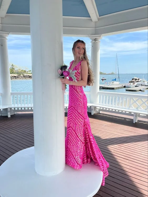 Elegant Hot Pink Sequins Mermaid Long Evening Prom Dresses, Custom Sparkly Prom Dress Y6374 Sequin Dress Outfit