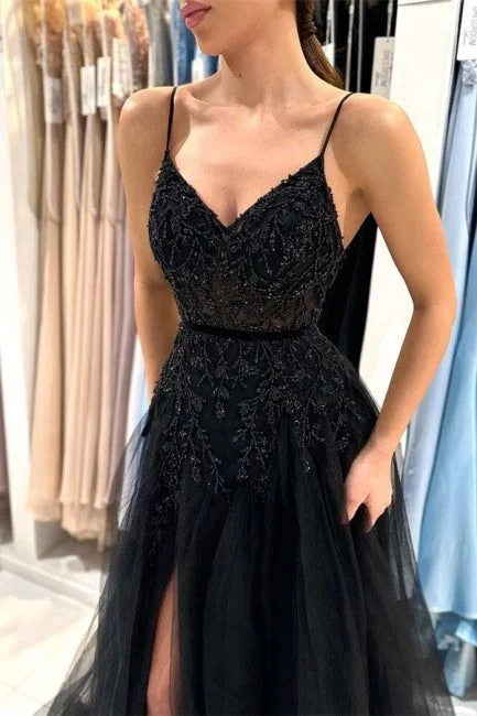 Elegant Long Black A-line Sequined Lace Prom Dress With Slit Y6002 Formal Sequin Dress