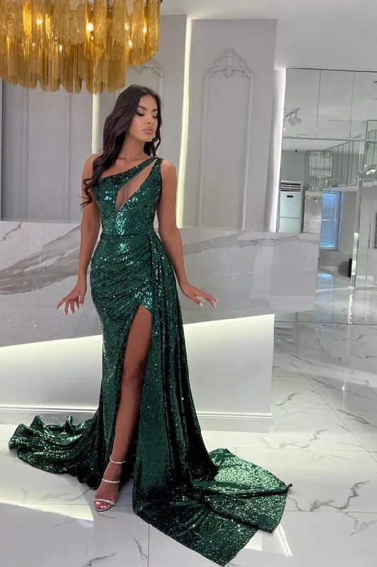 Emerald Green One Shoulder Sleeveless Mermaid Prom Dress Sequins With Split Y5908 Elegant Sequin Gown