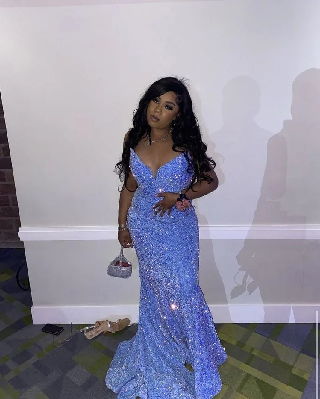 Glitter Blue Sequins Mermaid Evening Dress For Black Girls Y5115 Flirty Sequin Dress