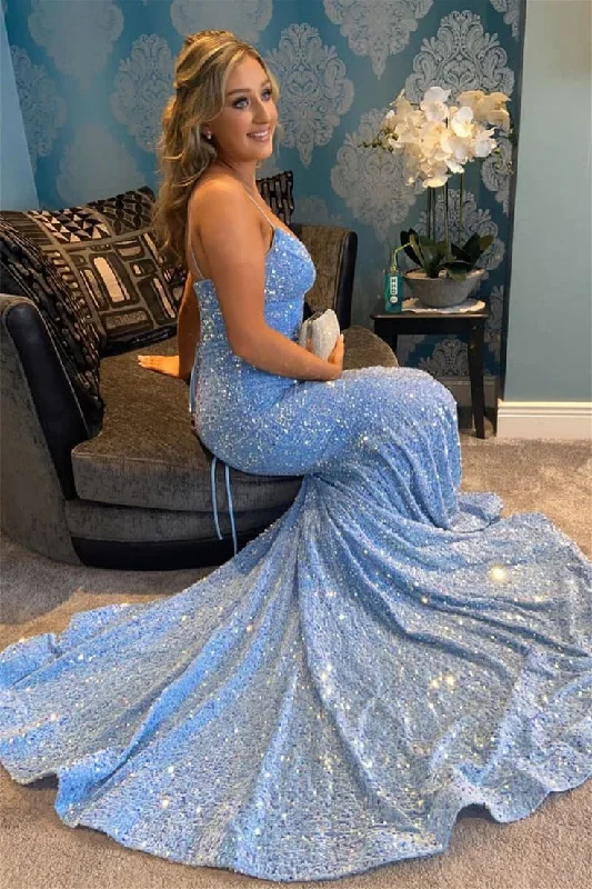 Light Blue V Neck Mermaid Sequins Fitted Prom Dress Y6162 Stylish Sequin Dress