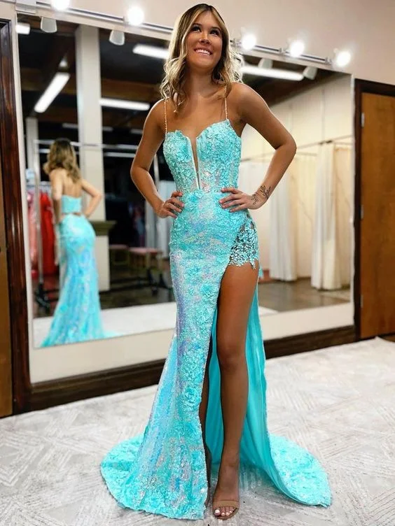 Mermaid/Trumpet Prom Dress High Slit Dress Formal Court Train Sleeveless V Neck Sequin with Slit Appliques Y6090 Off-shoulder Sequin