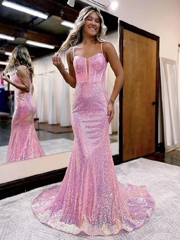 Mermaid/Trumpet Prom Dresses Sparkle & Shine Dress Formal Court Train Sleeveless Spaghetti Strap Sequined V Back with Sequin Y6086 Sequin Dress Vibe