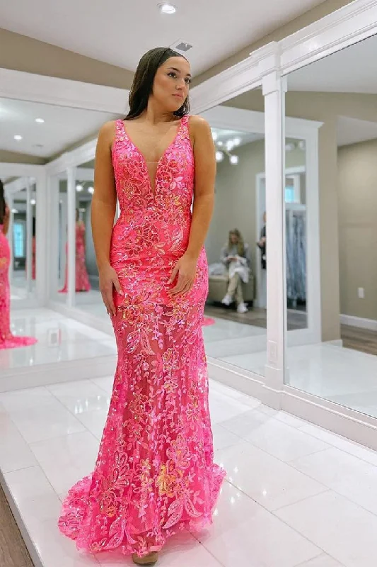 Pink Mermaid V Neck Sequin Lace Long Prom Dress Y6103 Sequin Dress Long