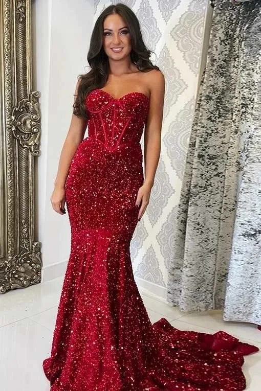 Red Sequin Corset-Top Mermaid Long Prom Gown Formal Dresses Y5960 Sequin A-line Dress