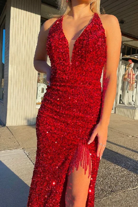 Red Sequin Fringe Mermaid Long Prom Dress with Slit Y5968 Sequin Maxi Dress