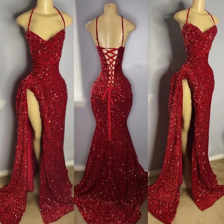 Sexy High Slit Halter Sleeveless Sparkly Red Sequin Long Prom Dresses for Black Girls Y5990 Sexy Sequin Gown