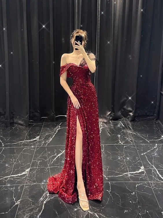 Sheath/Column Off-the-Shoulder Court Train Sequins Prom Dresses With Leg Slit Y6684 Sequin Dress Outfit