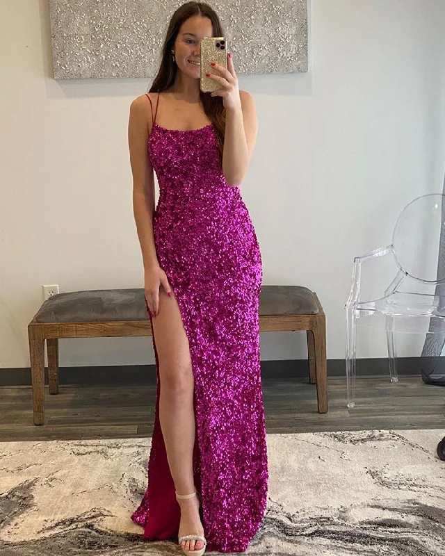 Spaghetti Straps Rose Red Sequin Mermaid Prom Dress with Side Slit Y6319 Off-shoulder Sequin Dress