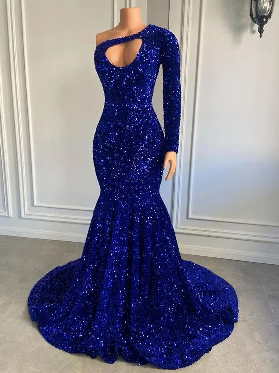 Sparkly One Shoulder Royal Blue Sequin Mermaid Style Prom Dress Y6874 Backless Sequin Dress