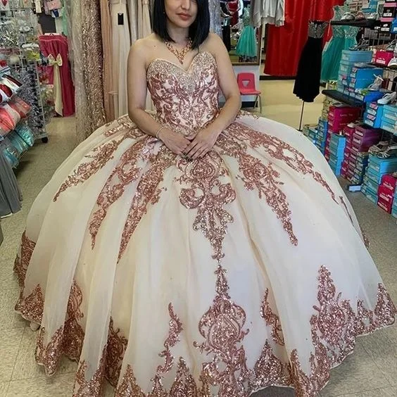 Sparkly Princess Rose Gold Quinceanera Dress Vintage Sweetheart Lace Applique Sequins Ball Gown Y6523 Pink Sequin Gown