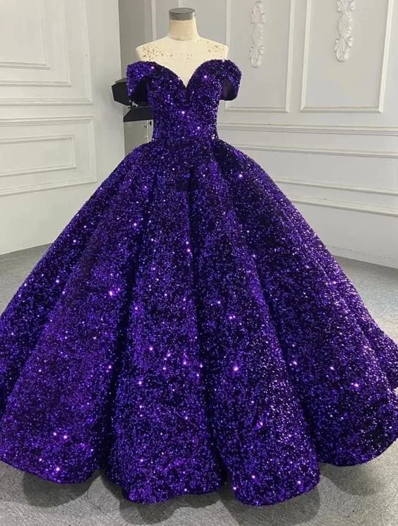 Sparkly Purple Off The Shoulder Sequins Ball Gown,Purple Sweet 16 Dress Y6583 Sequin Lace Dress